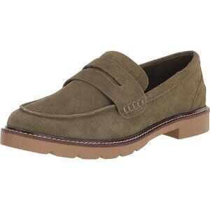 Anne Klein Womens Olive Rubber Low Chunky Heel Rounded Toe Emmylou Loafer Flat